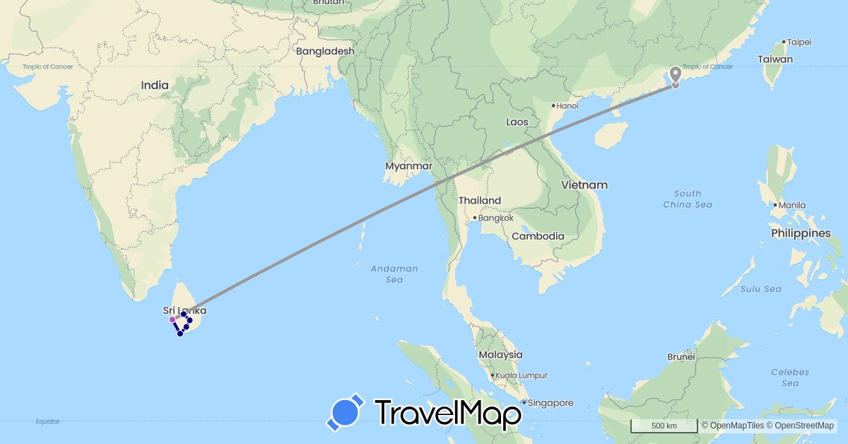 TravelMap itinerary: driving, plane, train in China, Sri Lanka (Asia)
